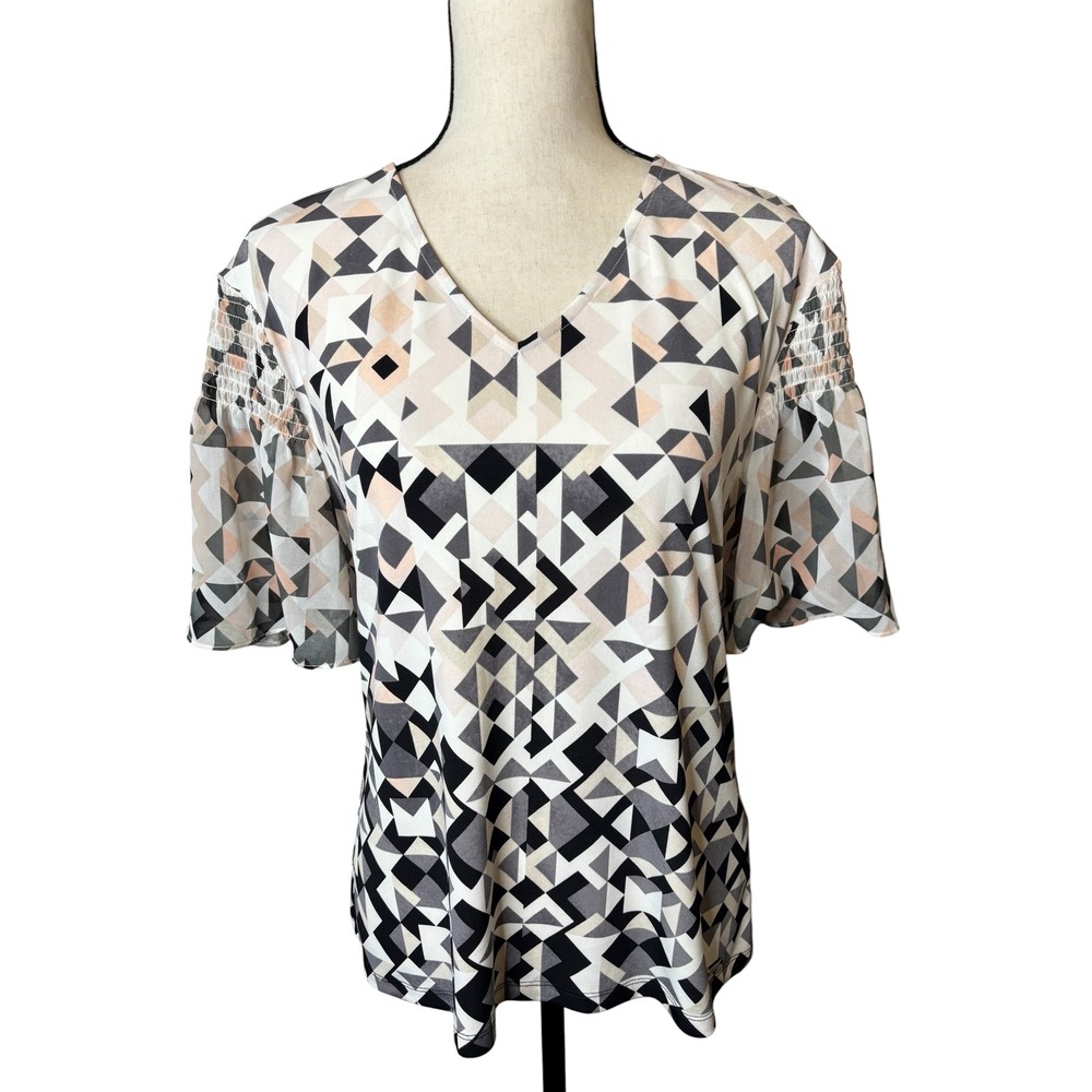 Calvin Klein Women Geometric Triangle Print V-Neck Smocked Flutter Sleeve Top